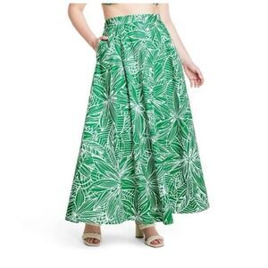 Tabitha Brown Green and White Linear Floral Print Maxi Skirt Size XS
